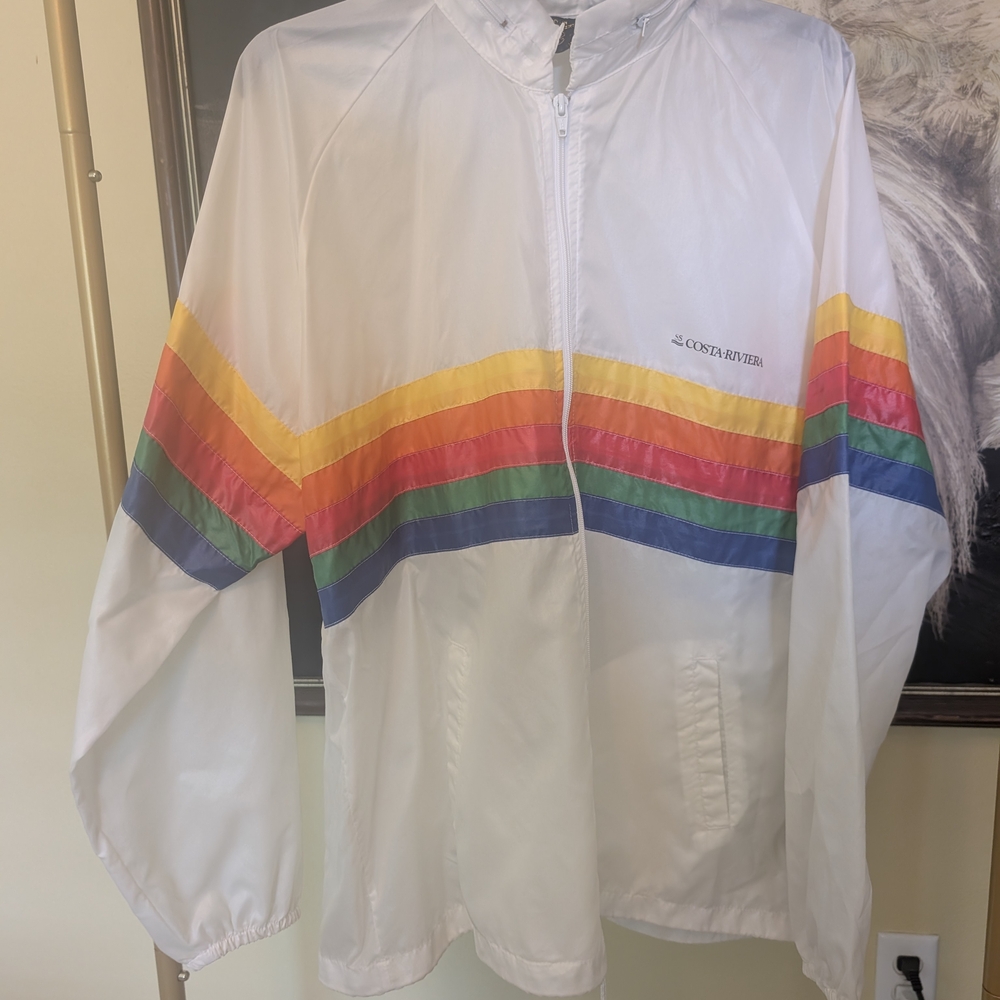 White Raincoat Rainbow Stripes Vintage Hood